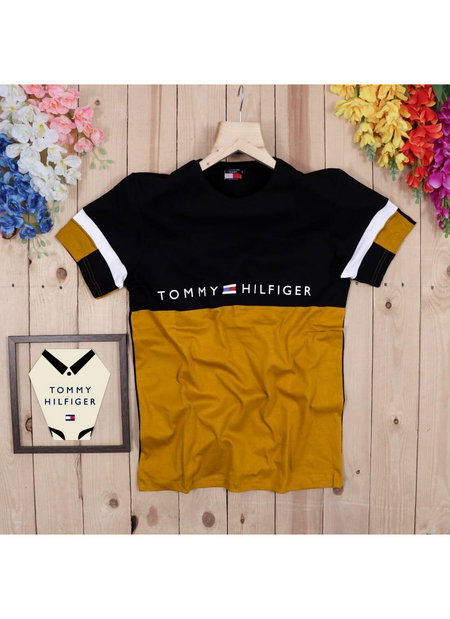 Black Yellow Outluk Two Colour Pattern Cotton Round Neck Half Sleeve T-Shirt 003